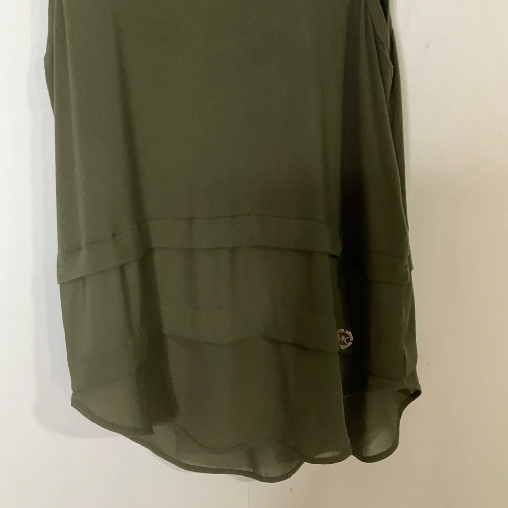 Michael Kors Army Green Sheer Layered Panels; Logo Emblem Tank Top; Size Medium